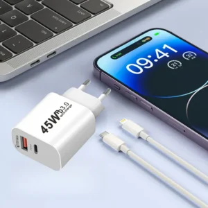 محول طاقة USB C من UKETO بمنفذين USB C + A بطول 3.3/6 أقدام مع كابل شحن سريع USB C إلى L لهواتف iPhone 16/14/13/12/11/6 Pro/15/15 Pro Max/Plus,i. Pad Pro/Air/Mini