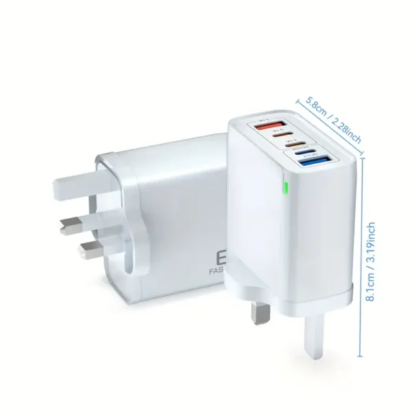 ⁦شاحن فائق السرعة 65 واط مع مقبس قياسي من المملكة المتحدة يحتوي على 3 منافذ Type-C + 2 منافذ USB-A تسمح بالشحن المتناسق مع 5 منافذ⁩ - الصورة ⁦2⁩