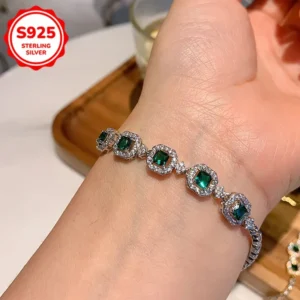 سوار أخضر فاخر من الفضة الإسترليني S925 مضاد للحساسية للنساء