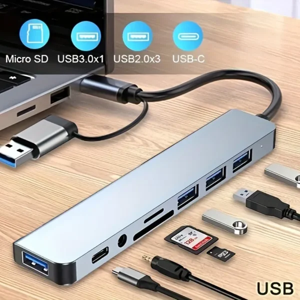 ⁦محول 8 في 1 مع منفذ صوت USB، محول متعدد المنافذ للكمبيوتر اللوحي، يعمل بالطاقة USB، جهد تشغيل 5 فولت، متوافق مع الأجهزة اللوحية.⁩ - الصورة ⁦2⁩