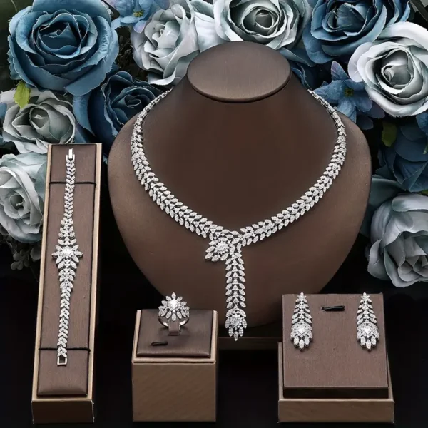 ⁦مجموعة مجوهرات زيركونيا العروسية الجديدة 4 قطع، مناسبة لحفلات النساء، مجوهرات زفاف كريستال CZ مطلية بالفخر في دبي⁩ - الصورة ⁦4⁩