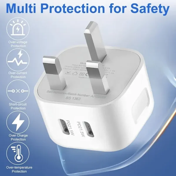 ⁦شاحن سريع لهاتف for iphone مع قابس USB C*2، شاحن PD مزدوج بقوة 21.5 واط USB C لهاتف iPhone16/15/plus/pro max Series/for iPad AirPod/Watch⁩ - الصورة ⁦2⁩