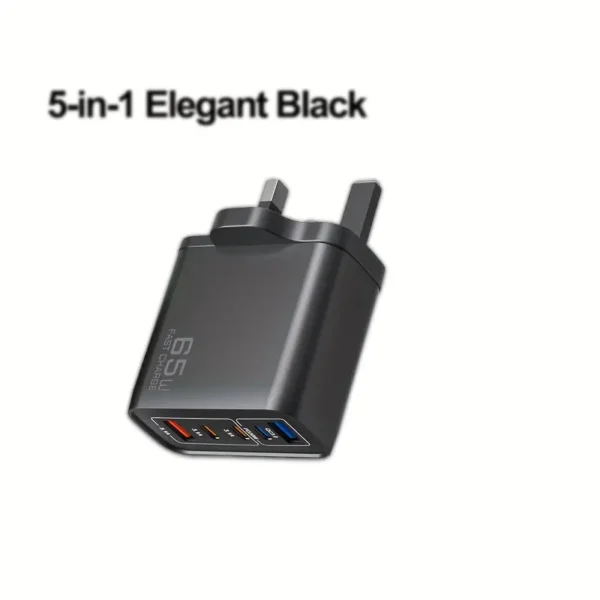 ⁦شاحن فائق السرعة 65 واط مع مقبس قياسي من المملكة المتحدة يحتوي على 3 منافذ Type-C + 2 منافذ USB-A تسمح بالشحن المتناسق مع 5 منافذ⁩ - الصورة ⁦3⁩