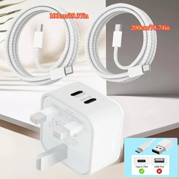 ⁦شاحن سريع لهاتف for iphone مع قابس USB C*2، شاحن PD مزدوج بقوة 21.5 واط USB C لهاتف iPhone16/15/plus/pro max Series/for iPad AirPod/Watch⁩ - الصورة ⁦3⁩