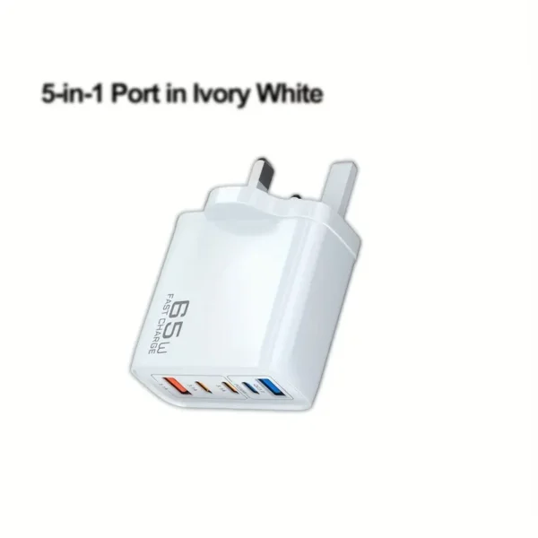 ⁦شاحن فائق السرعة 65 واط مع مقبس قياسي من المملكة المتحدة يحتوي على 3 منافذ Type-C + 2 منافذ USB-A تسمح بالشحن المتناسق مع 5 منافذ⁩ - الصورة ⁦5⁩
