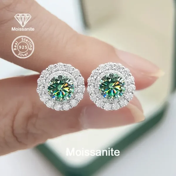 ⁦أقراط نسائية أنيقة من مويسانيت دائري أزرق أخضر 0.5 قيراط فضة عيار 925⁩ - الصورة ⁦5⁩