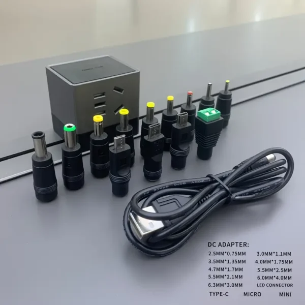 1 سلك طاقة USB/DC مع مجموعة محولات DC 13، كابل DC متعدد الوظائف ومحول DC