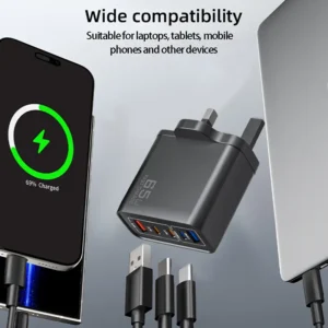 شاحن فائق السرعة 65 واط مع مقبس قياسي من المملكة المتحدة يحتوي على 3 منافذ Type-C + 2 منافذ USB-A تسمح بالشحن المتناسق مع 5 منافذ