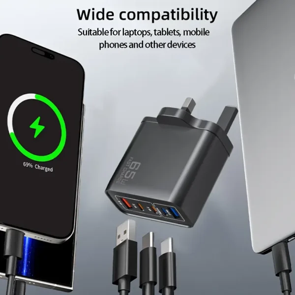شاحن فائق السرعة 65 واط مع مقبس قياسي من المملكة المتحدة يحتوي على 3 منافذ Type-C + 2 منافذ USB-A تسمح بالشحن المتناسق مع 5 منافذ