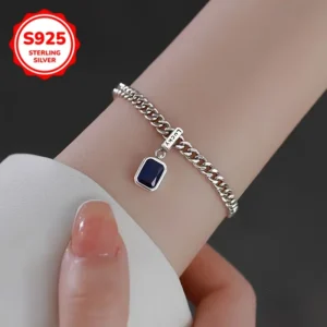 سوار سلسلة مربعة زرقاء من الفضة الإسترليني S925 مضاد للحساسية